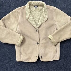 Woolrich Jacket Womens Medium Beige Faux Suede Sherpa Fleece Lined Button Front